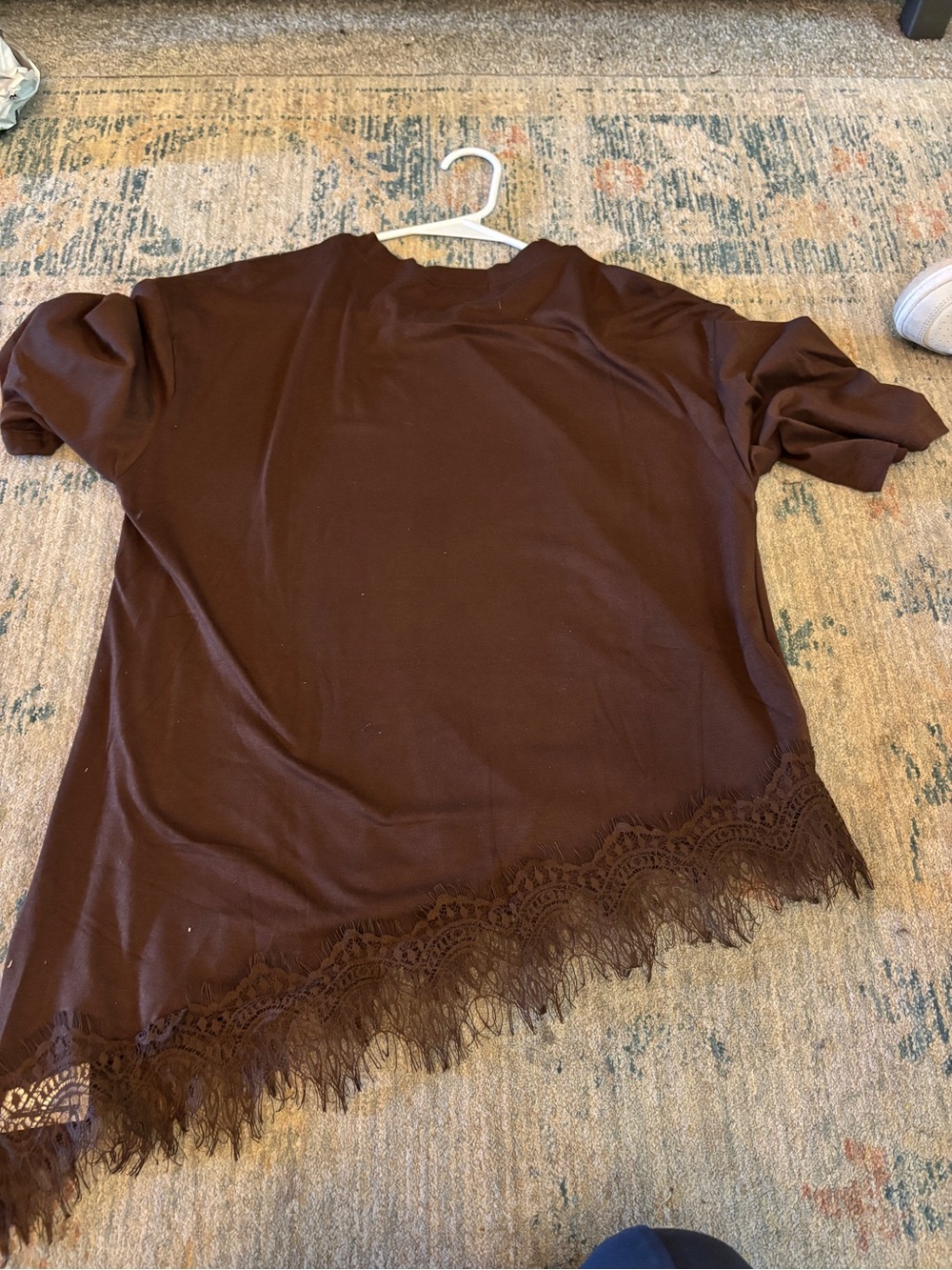Amazon Women's Chocolate Brown Short Sleeve Top with Lace Hem